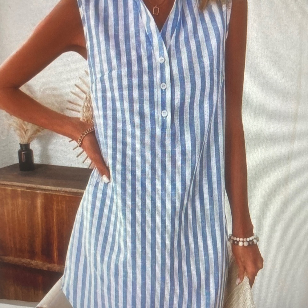 Sleeveless Blue and White Striped Button Henley Dress - Picture 2 of 5